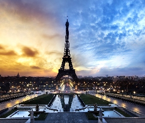 Paryż, Francja, Pola Elizejskie, Zachód Słońca, Wieża Eiffla