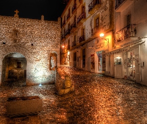 Uliczka, Valencia, Ibiza, Kościół, Miasta, Starego, Kamienice, Noc