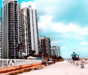Miami, Ocean, Turyści, Floryda, Palmy, Plaża, Wieżowce