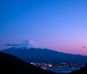 Fudżi, Miasto, Japonia, Góry, Noc, Jezioro