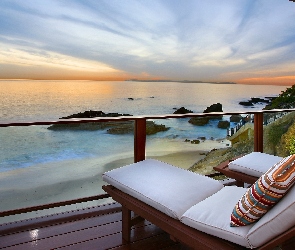 Zachód słońca, Kamienie, Balkon, Wakacje, Morze, Hotel, Leżaki