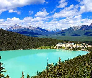 Alberta, Kanada, Hotel Fairmont Chateau Lake Louise, Jezioro Louise, Góry, Lasy, Park Narodowy Banff