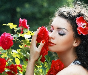 Włosach, Kwiat, Kobieta, Park, Krzew, Makijaż, Róży, We