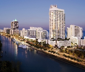 Ocean, Jachty, Miami, USA, Palmy, Miasto, Panorama