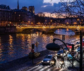 Paryż, Francja, Motory, Most, Ulica, Samochody, Rzeka