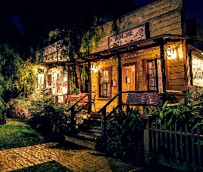 Ogródek, Drzewa, Dom, Restauracja, Schody, Stoliki