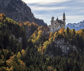 Góry, Lasy, Neuschwanstein, Niemcy, Zamek, Jesień