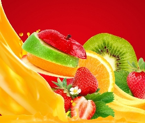 Banany, Owoce, Truskawki, Pomarańcze, Kiwi