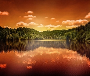 Jezioro, Lasy, Zachód, Słońca