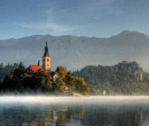 Kościół, Góry, Słowenia, Jezioro, Bled, Mgła