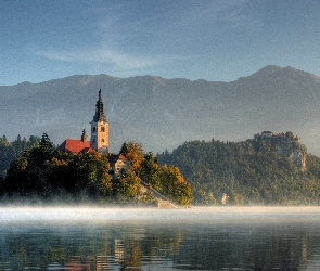 Słowenia, Bled, Góry, Kościół, Mgła, Jezioro