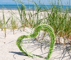 Sznurek, Serce, Plaża, Morze, Piasek, Trawy