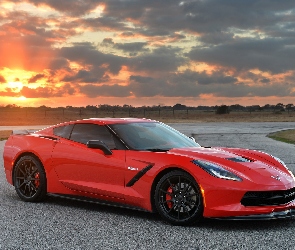 Chevrolet, Corvette C7, Słońca, Droga, Zachód, Sportowy