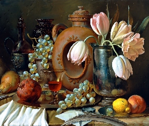 Obraz, Owoce, Malarstwo, Tulipany, Gruszka, Kompozycja, Winogrona, Granat