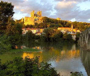 Béziers Cathedral, Rzeka, Most, Francja, Katedra Saint Nazaire