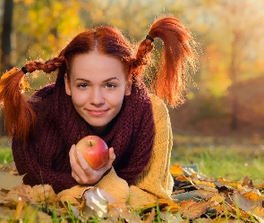 Liście, Jesień, Rude, Jabłko, Warkocze, Kobieta, Włosy