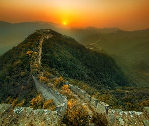 Góra, Chiny, Słońca, Mur chiński, Zachód