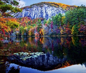 Góry, Jesień, Jezioro, Drzewa