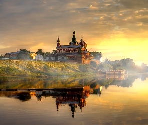 Zachód, Cerkiew, Mgła, Słońca, Jezioro