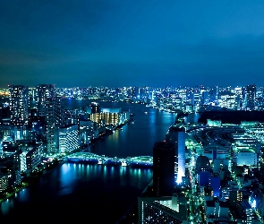 Drapacze, Panorama, Tokio, Miasta, Nocna, Most, Chmur, Rzeka, Sumida