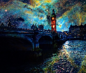 Londyn, Rzeka, Big Ben, Most, Grafika