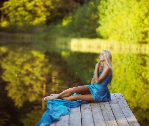 Jezioro, Sukienka, Kobieta, Niebieska, Pomost
