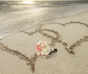 Morze, Miłosne, Serca, Kwiaty, Plaża