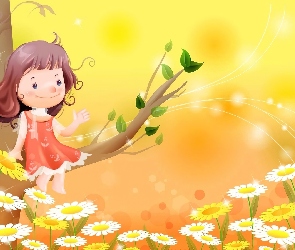 Kwiaty, Dziewczynka, Drzewo, Stokrotki