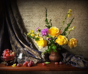 Żółte Róże, Kompozycja, Tkanina, Bukiet Kwiatów, Winogrona