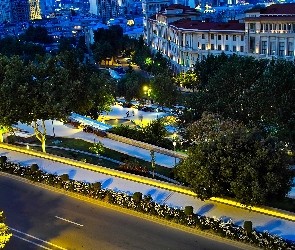 Skwer, Baku, Nocna Panorama, Drzewa, Domy