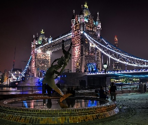 statue, Londyn, noc, Tower Bridge, Girl with a Dolphin