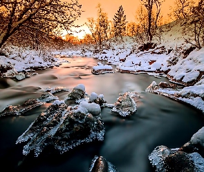 Rzeka, Drzewa, Słońca, Śnieg, Zachód