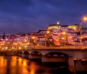 Rzeka, Most, Coimbra, Portugalia, Miasto, Noc