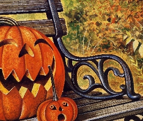 Ławka, Dynie, Halloween, Rysunek