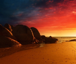 skały, plaża, Zachód słońca