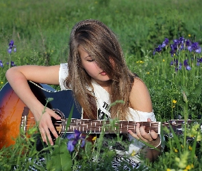 Trawa, Gitara, Dziewczyna, Kwiaty, Łąka