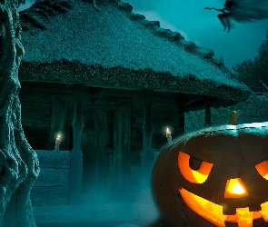Chata, Noc, Halloween, Dynia