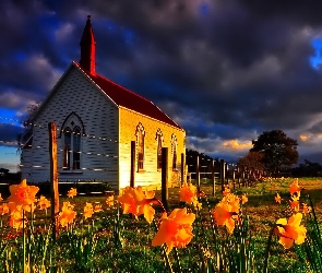 Kościółek, Chmury, Kwiaty