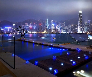 Intercontinental, Chmur, Drapacze, Nocą, Fragment, Hong Kong, Miasta, Hotel