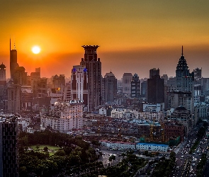 Zachód słońca, Miasto, Chiny, Szanghaj