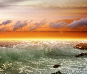 Morze, Zachód Słońca, Fale