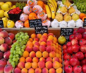 winogrona, banany, owoce, brzoskwinie