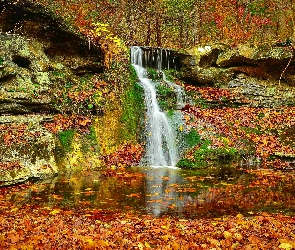 Liście, Skały, Jesień, Wodospad