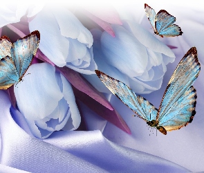 Tulipany, Wektorowa, 3D, Niebieskie motyle