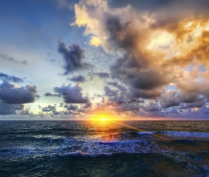 Chmury, Zachód Słońca, Morze