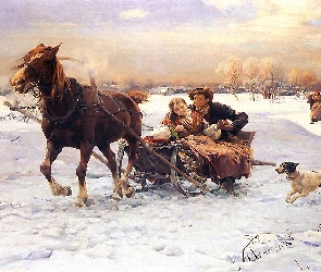 Malarstwo, Koń, Sanna, Zima, Alfred Wierusz-Kowalski