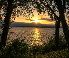 Drzewa, Zachód Słońca, Jezioro