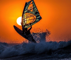Słońca, Zachód, Windsurfing, Morze