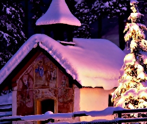 Drzewa, Cerkiew, Zima, Śnieg