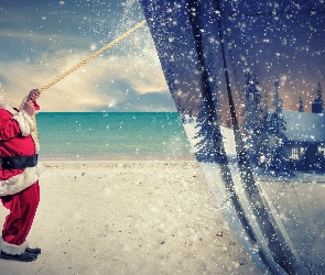 Mikołaj, Święta, Morze, Plaża